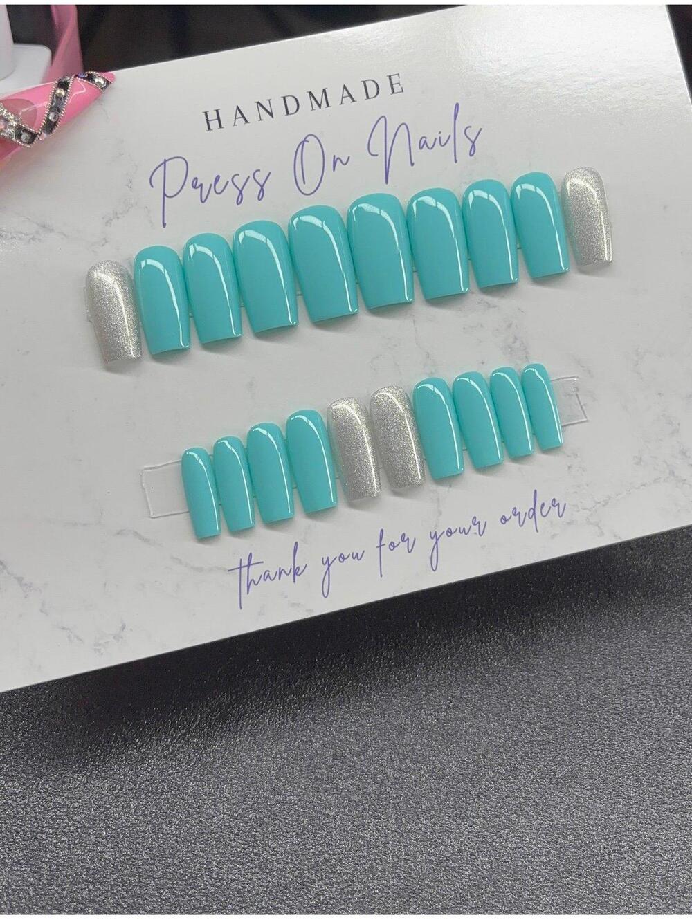 Medium square Press on nails silver glitter teal light blue handmade custom gel